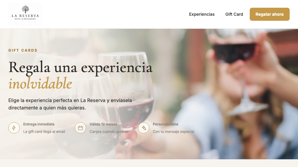 Vista previa de la página de gift cards del hotel La Reserva